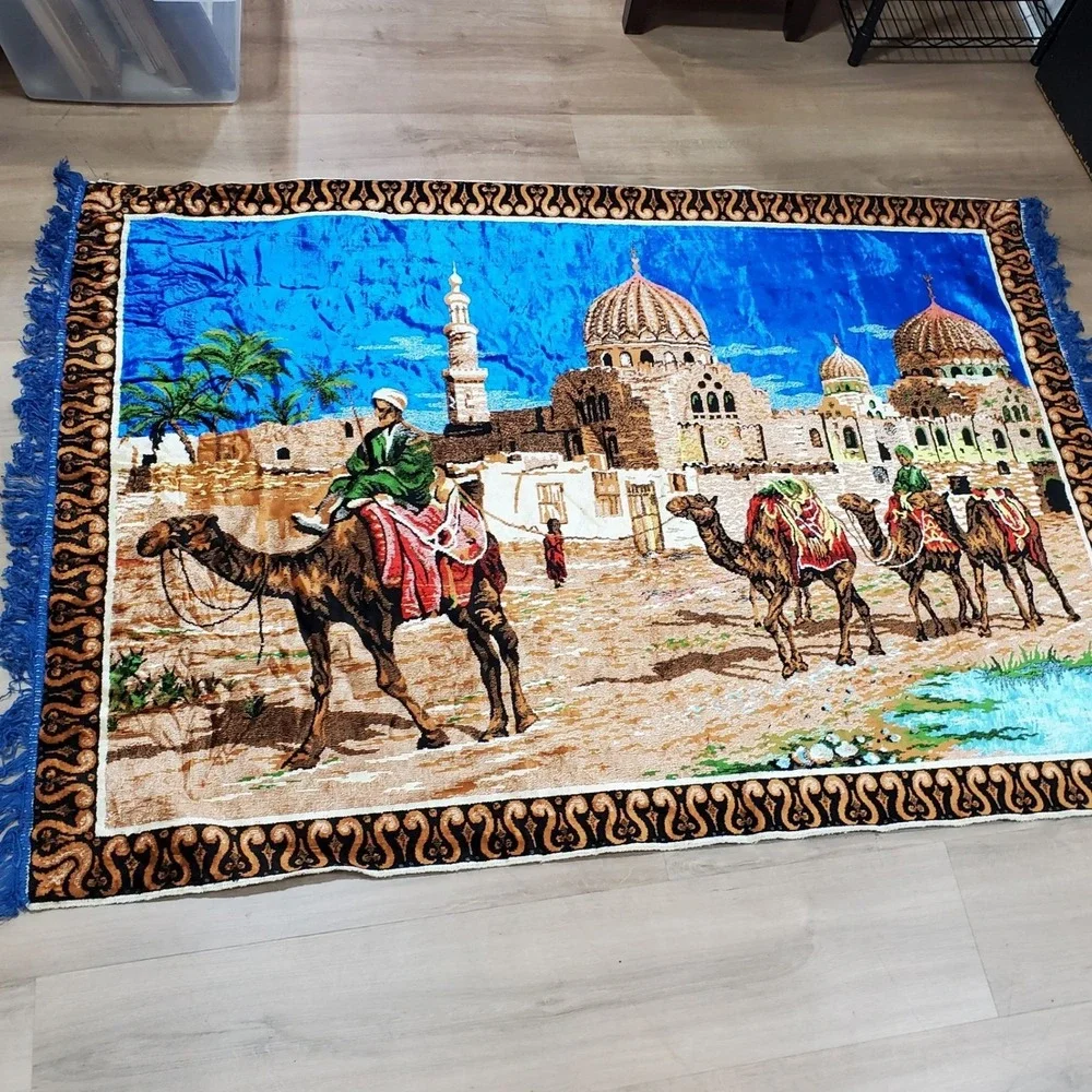 Vintage Camel Caravan Tapestry  68 X 48 Wall Hanging Mosque Desert Scene Velvet‎